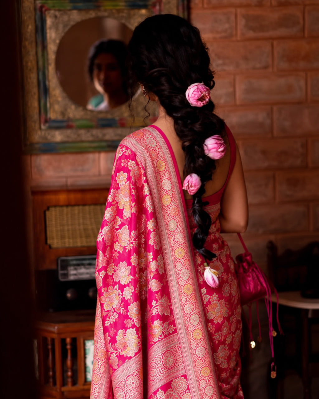 Rose Pink Handwoven 100% Pure Khaddi Georgette Saree with Water Zari