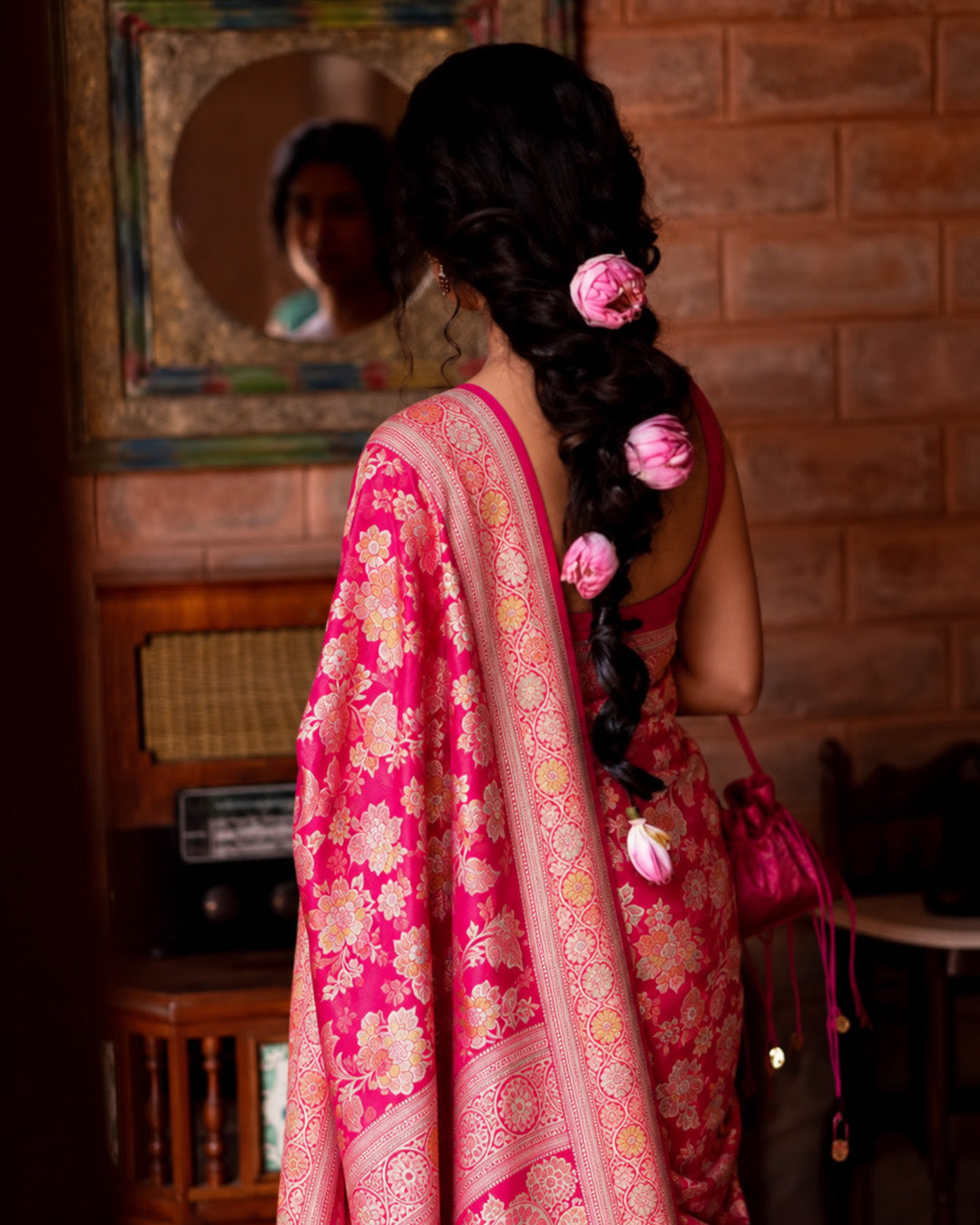 Rose Pink Handwoven 100% Pure Khaddi Georgette Saree with Water Zari