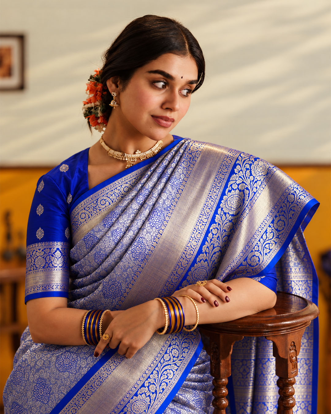 Blue Kanjivaram Silk Saree with Floral Buta Vine Jaal Weaves