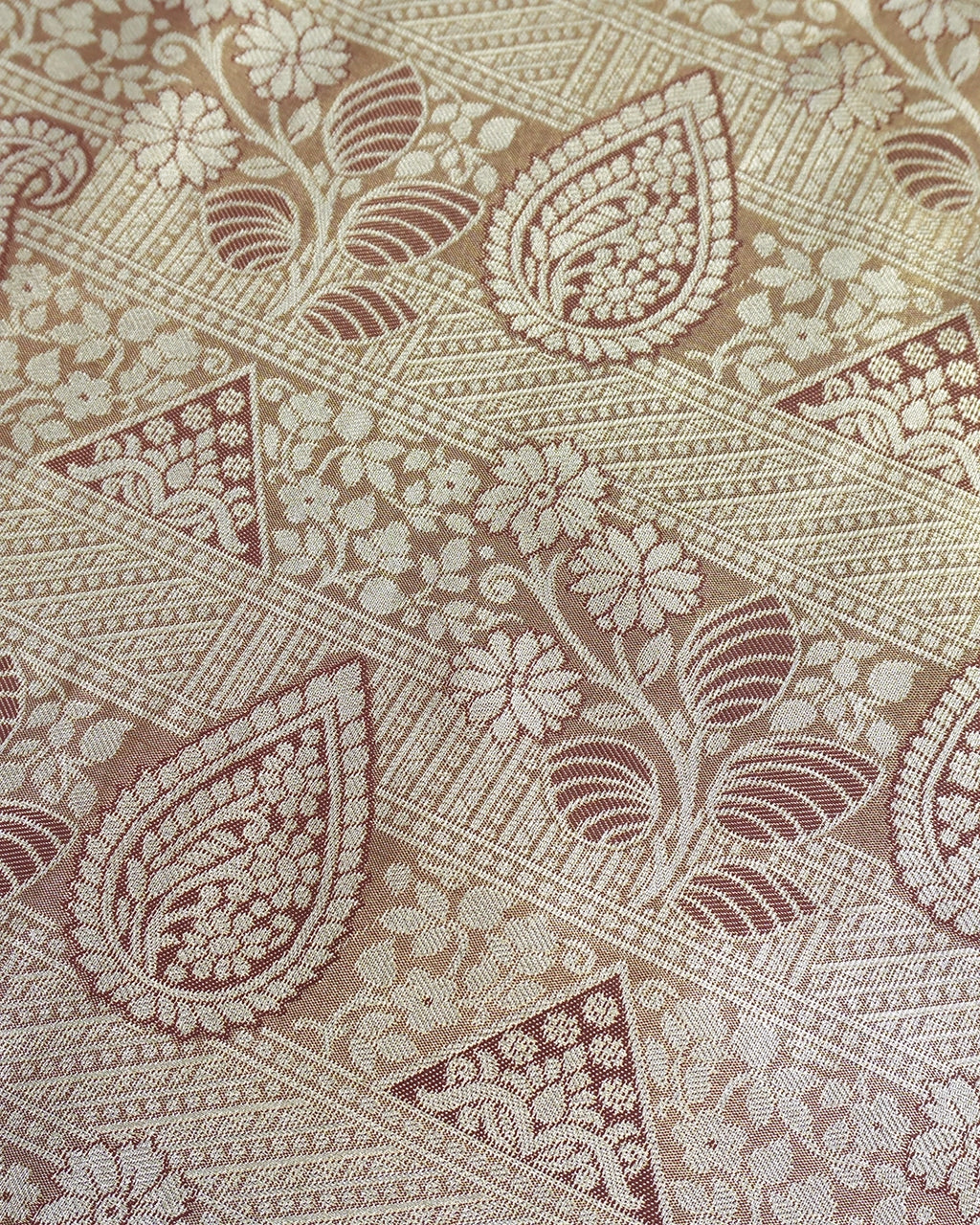 Champagne Beige Kanjivaram Silk Saree with Maroon Border and Floral Weaving