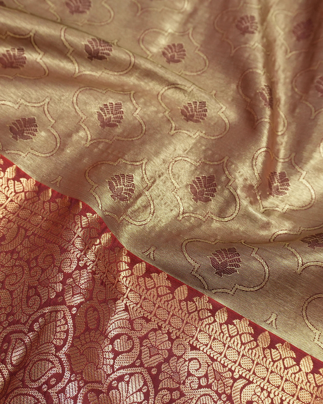 Champagne Beige Kanjivaram Silk Saree with Maroon Border and Floral Weaving