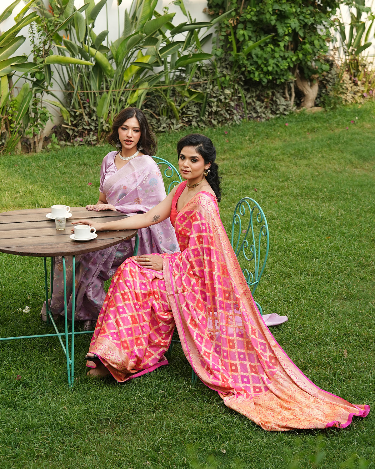 Pink & Orange Pure Chiffon Saree in Traditional Lattice with Royal Jaal Design