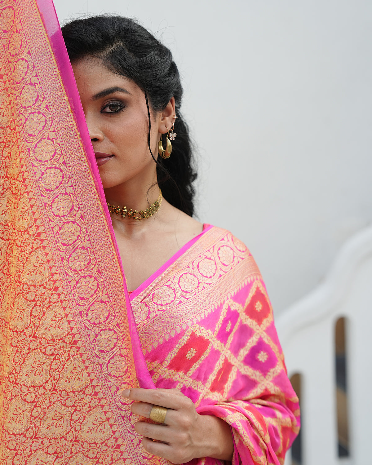 Pink & Orange Pure Chiffon Saree in Traditional Lattice with Royal Jaal Design