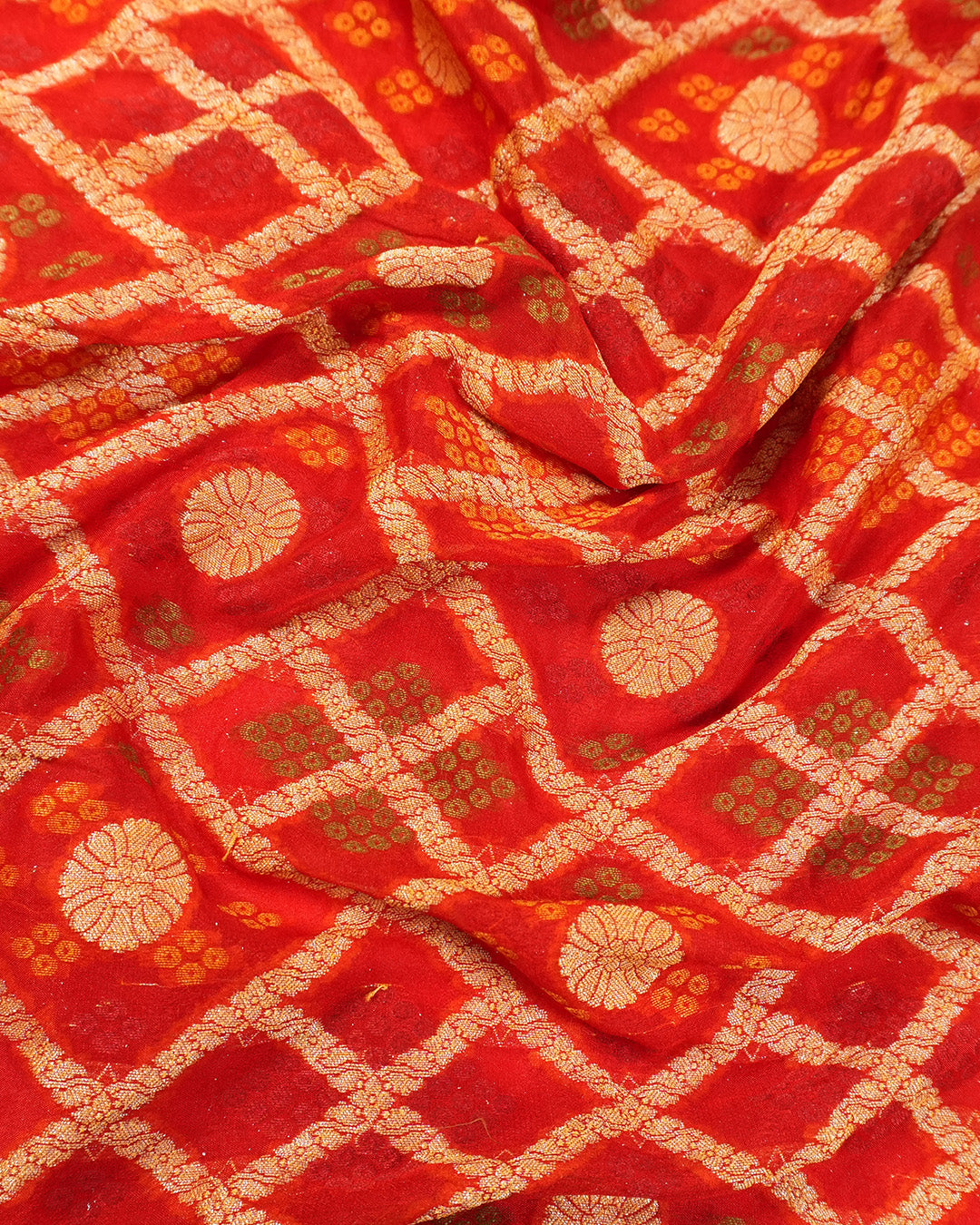 Red Pure Chiffon Saree with Checks Grid Weaves and Floral Border