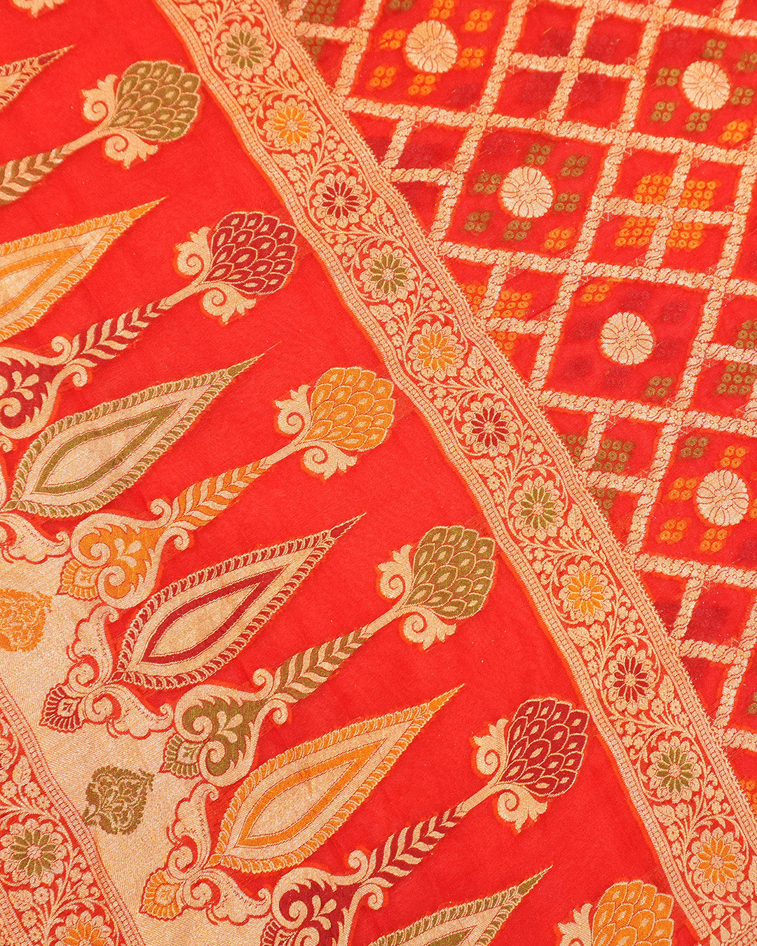 Red Pure Chiffon Saree with Checks Grid Weaves and Floral Border