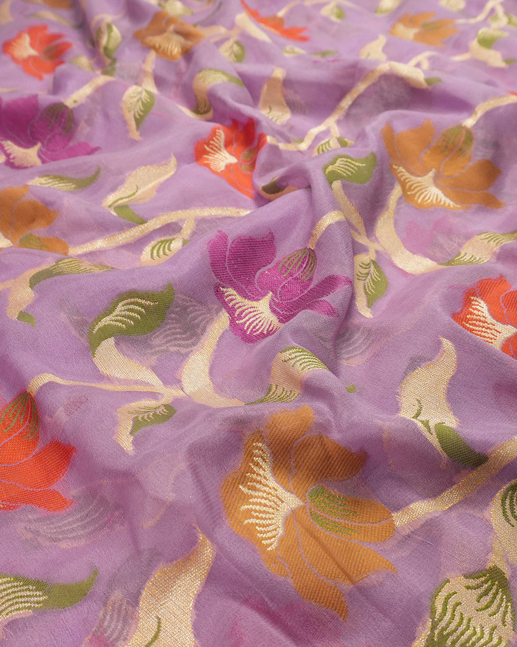 Deep Lilac Pure Chiffon Saree with Handwoven Blooming Trails and Zari