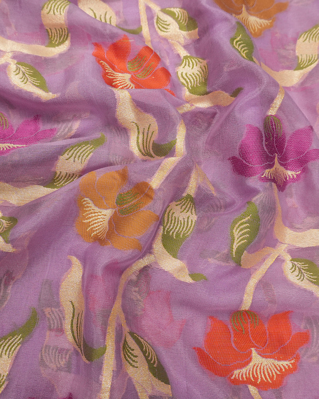 Deep Lilac Pure Chiffon Saree with Handwoven Blooming Trails and Zari