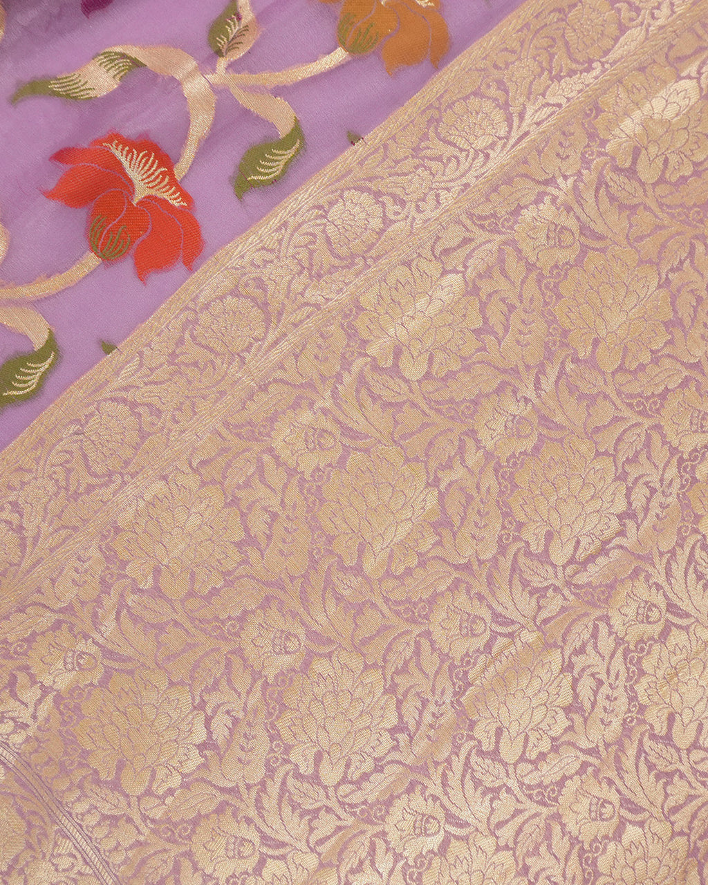 Deep Lilac Pure Chiffon Saree with Handwoven Blooming Trails and Zari