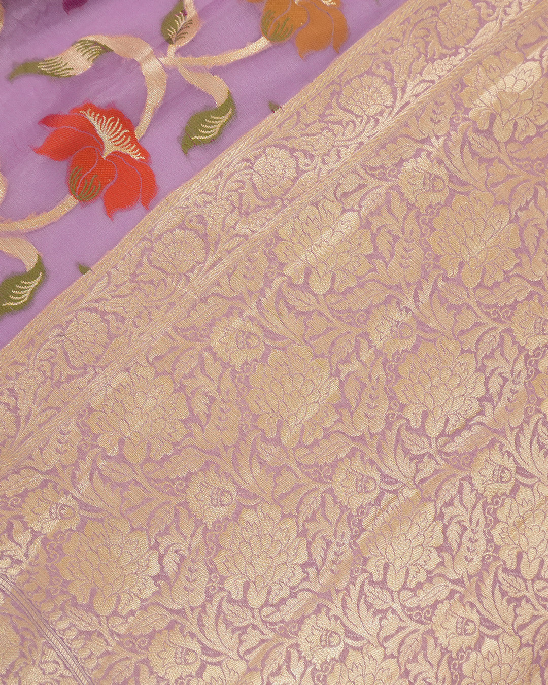 Deep Lilac Pure Chiffon Saree with Handwoven Blooming Trails and Zari