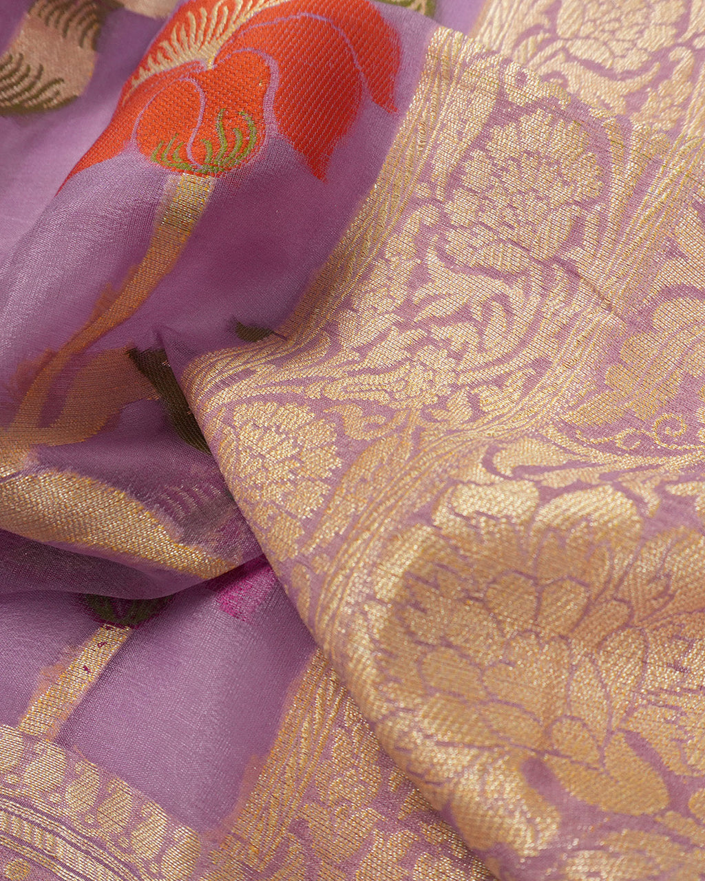 Deep Lilac Pure Chiffon Saree with Handwoven Blooming Trails and Zari