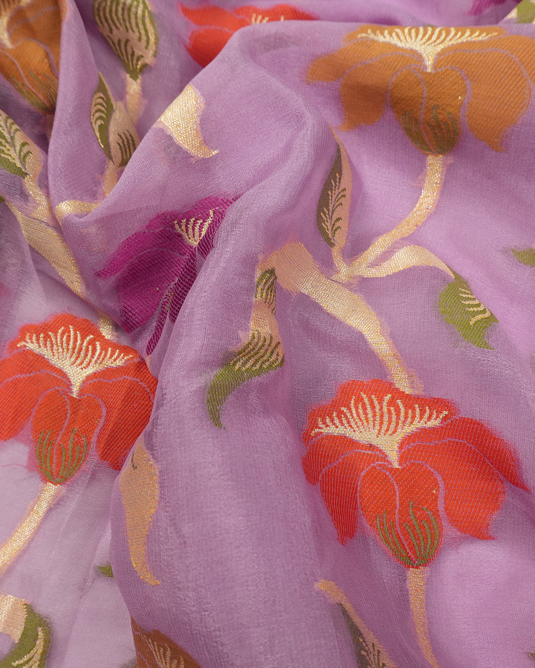 Deep Lilac Pure Chiffon Saree with Handwoven Blooming Trails and Zari