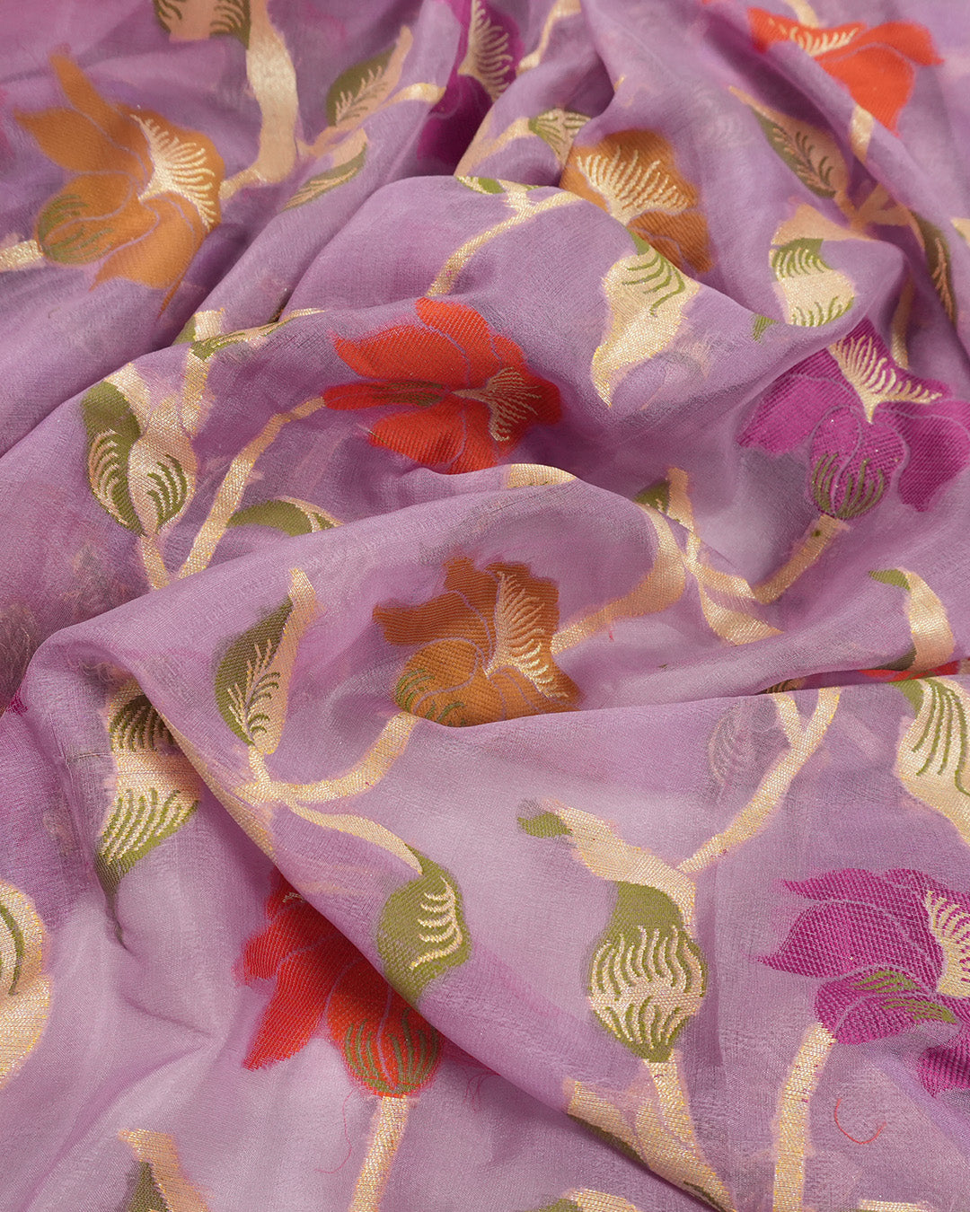 Deep Lilac Pure Chiffon Saree with Handwoven Blooming Trails and Zari
