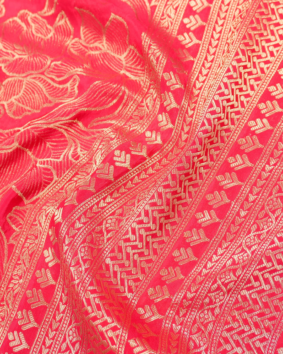 Coral Pink Banarasi Silk Saree with Heavy All-Over Floral Zari Weaves