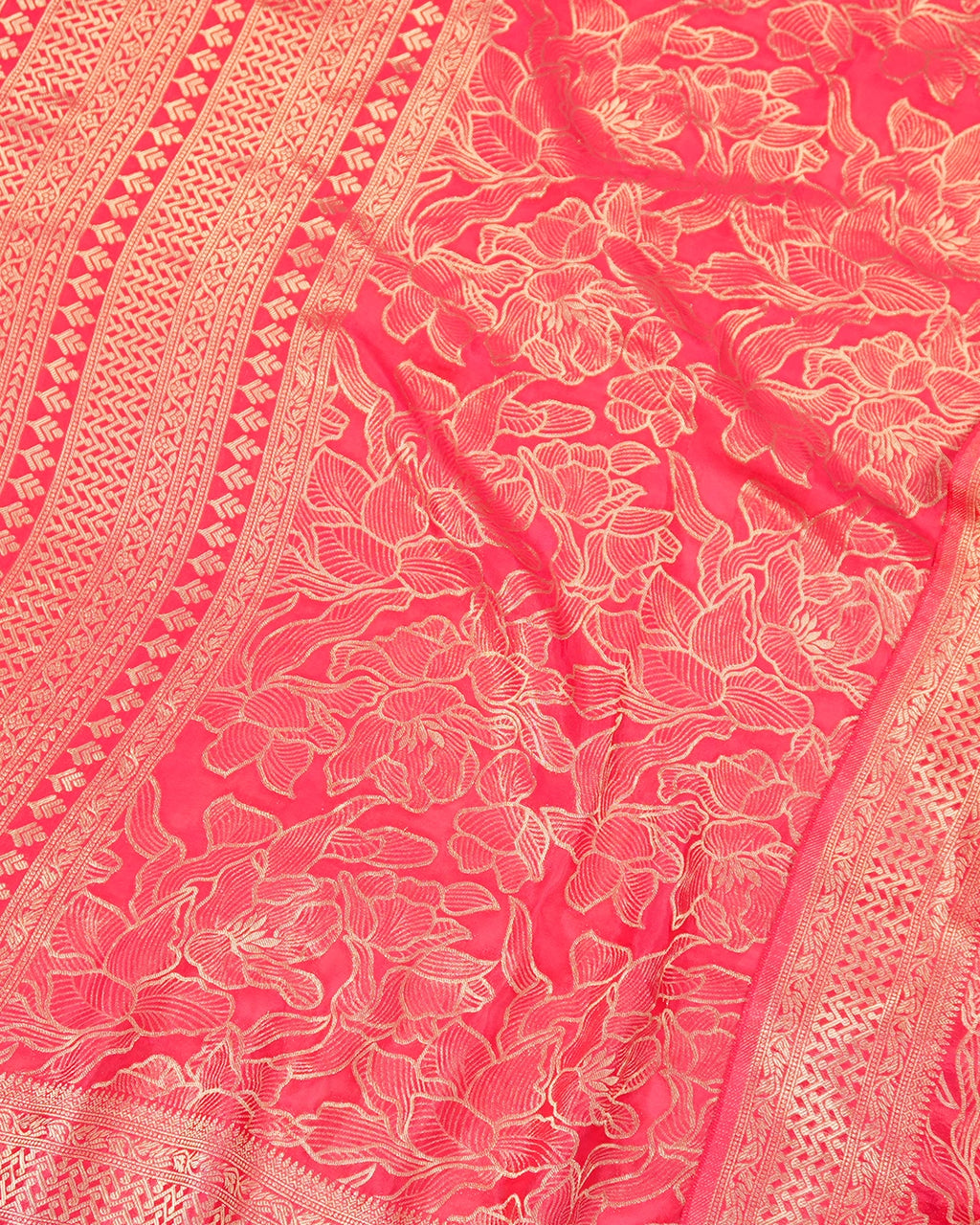 Coral Pink Banarasi Silk Saree with Heavy All-Over Floral Zari Weaves