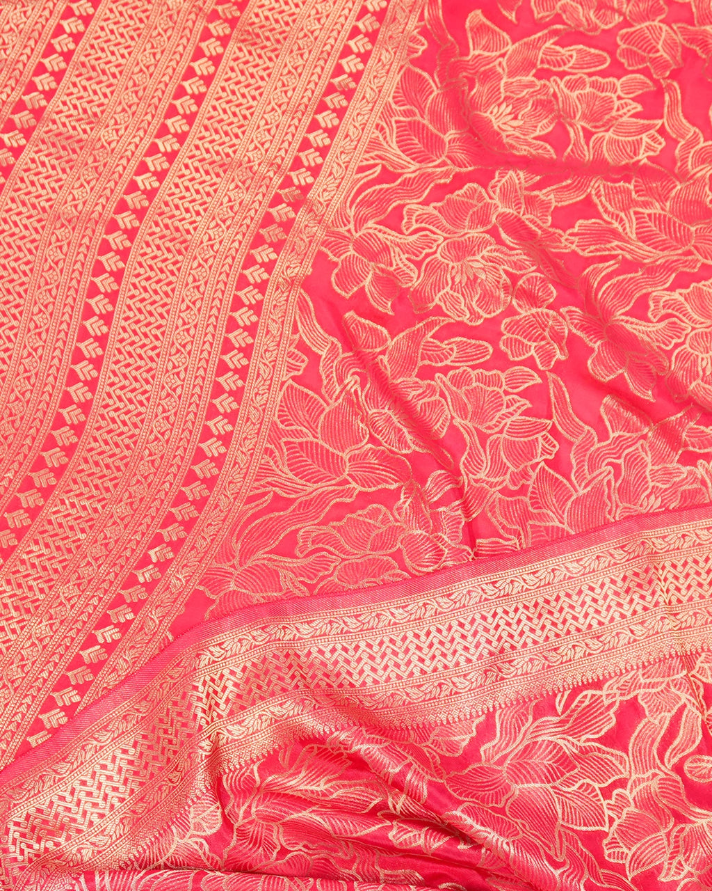 Coral Pink Banarasi Silk Saree with Heavy All-Over Floral Zari Weaves