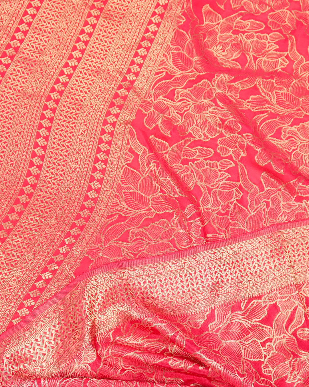 Coral Pink Banarasi Silk Saree with Heavy All-Over Floral Zari Weaves