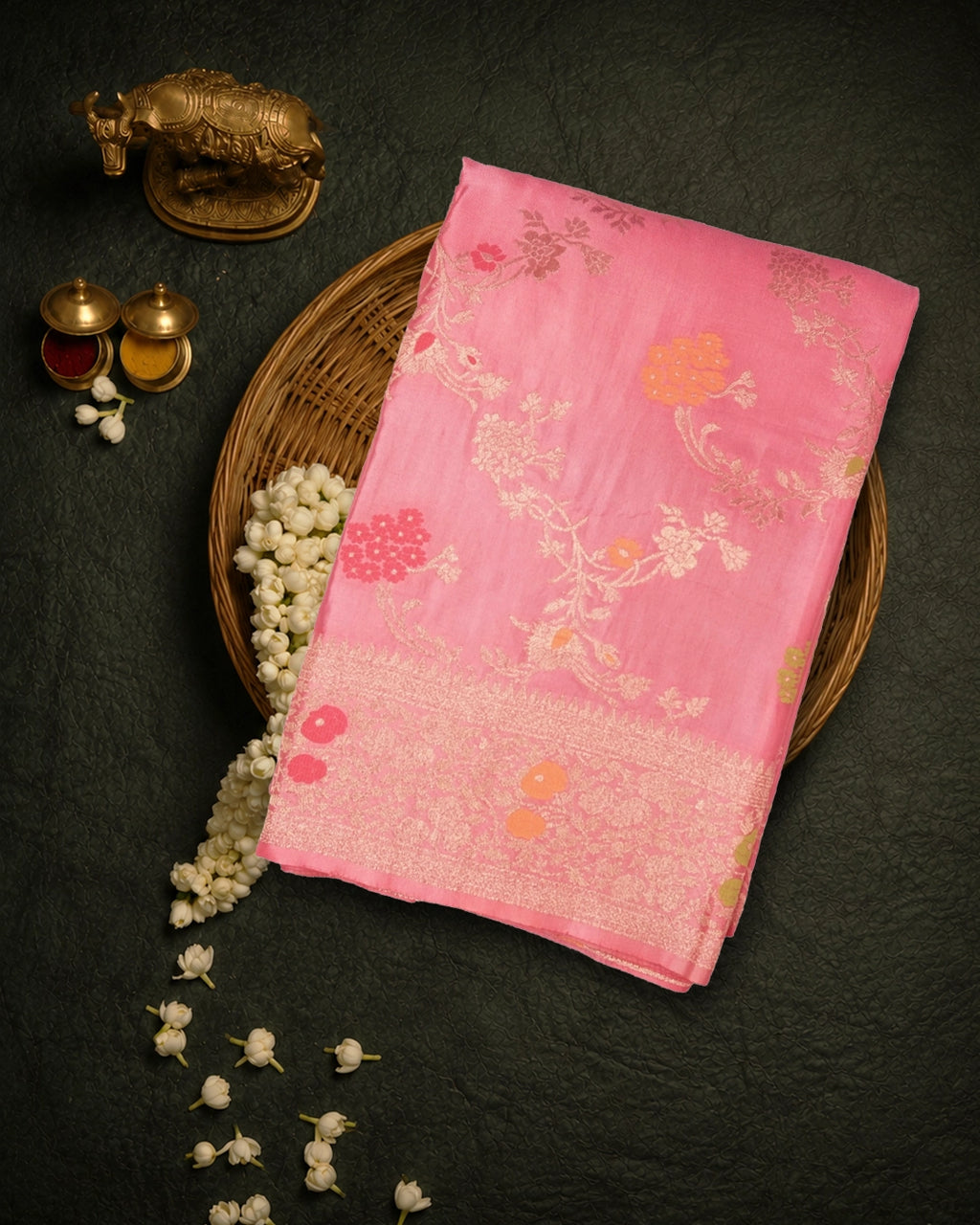 Soft Pink Banarasi Silk Saree with Floral Meenakari Jaal Weaves