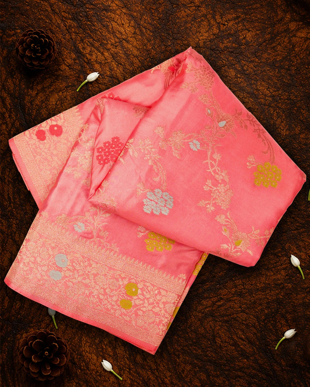 Soft Pink Banarasi Silk Saree with Floral Meenakari Jaal Weaves