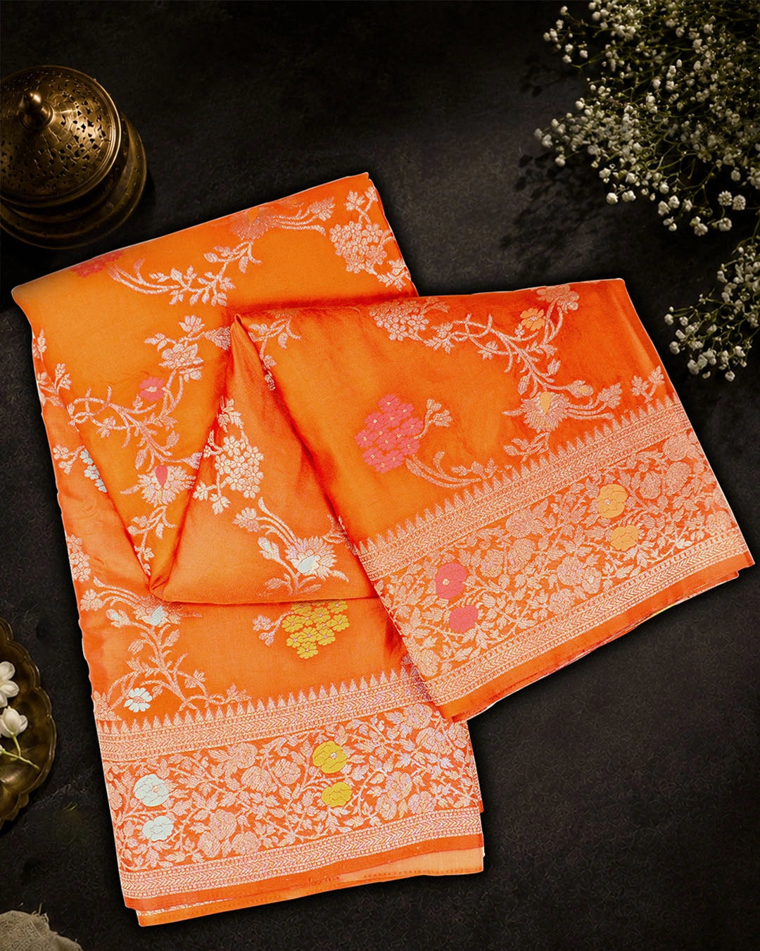 Orange Banarasi Silk Saree with Multicolor Floral Jaal and Buta