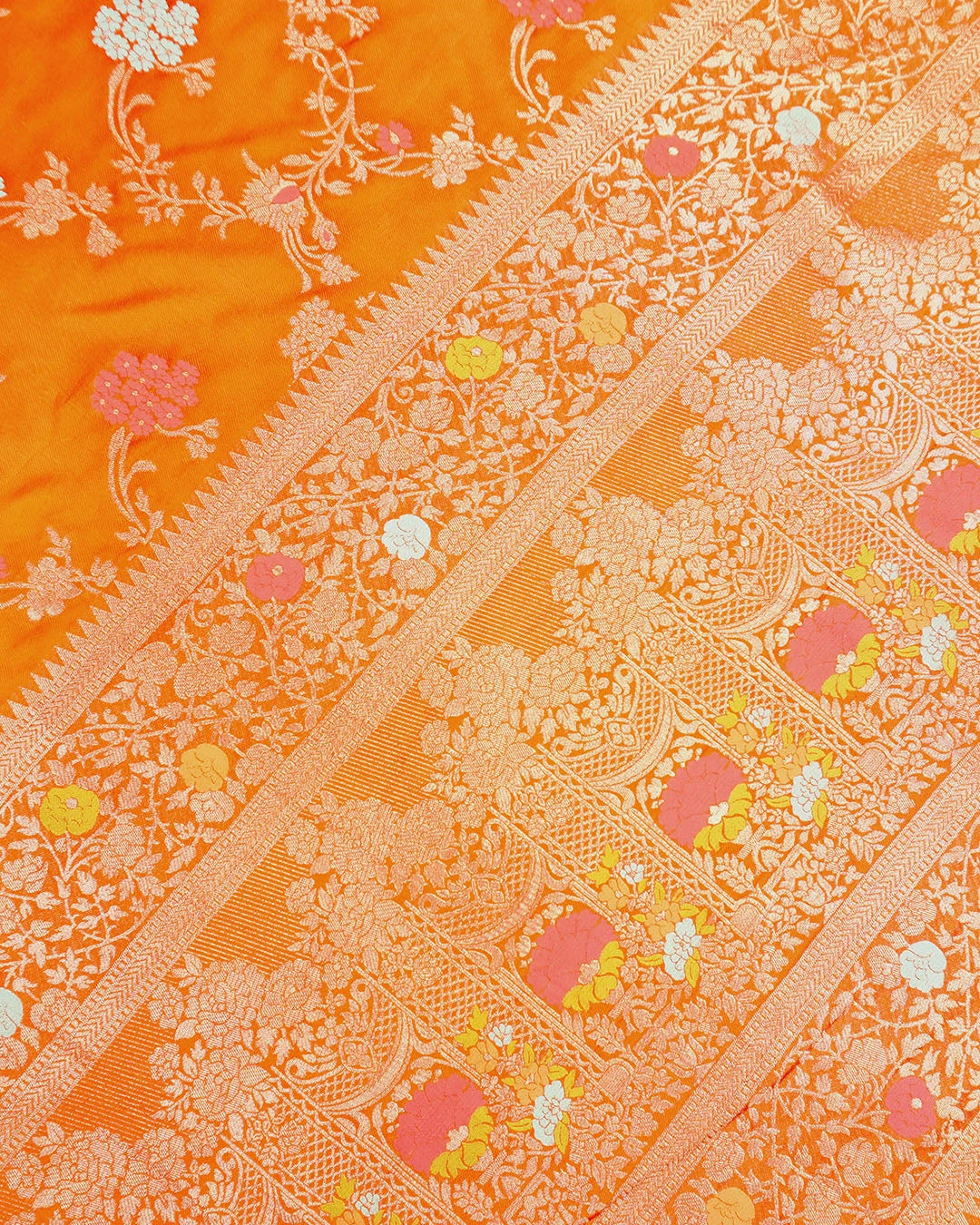 Orange Banarasi Silk Saree with Multicolor Floral Jaal and Buta