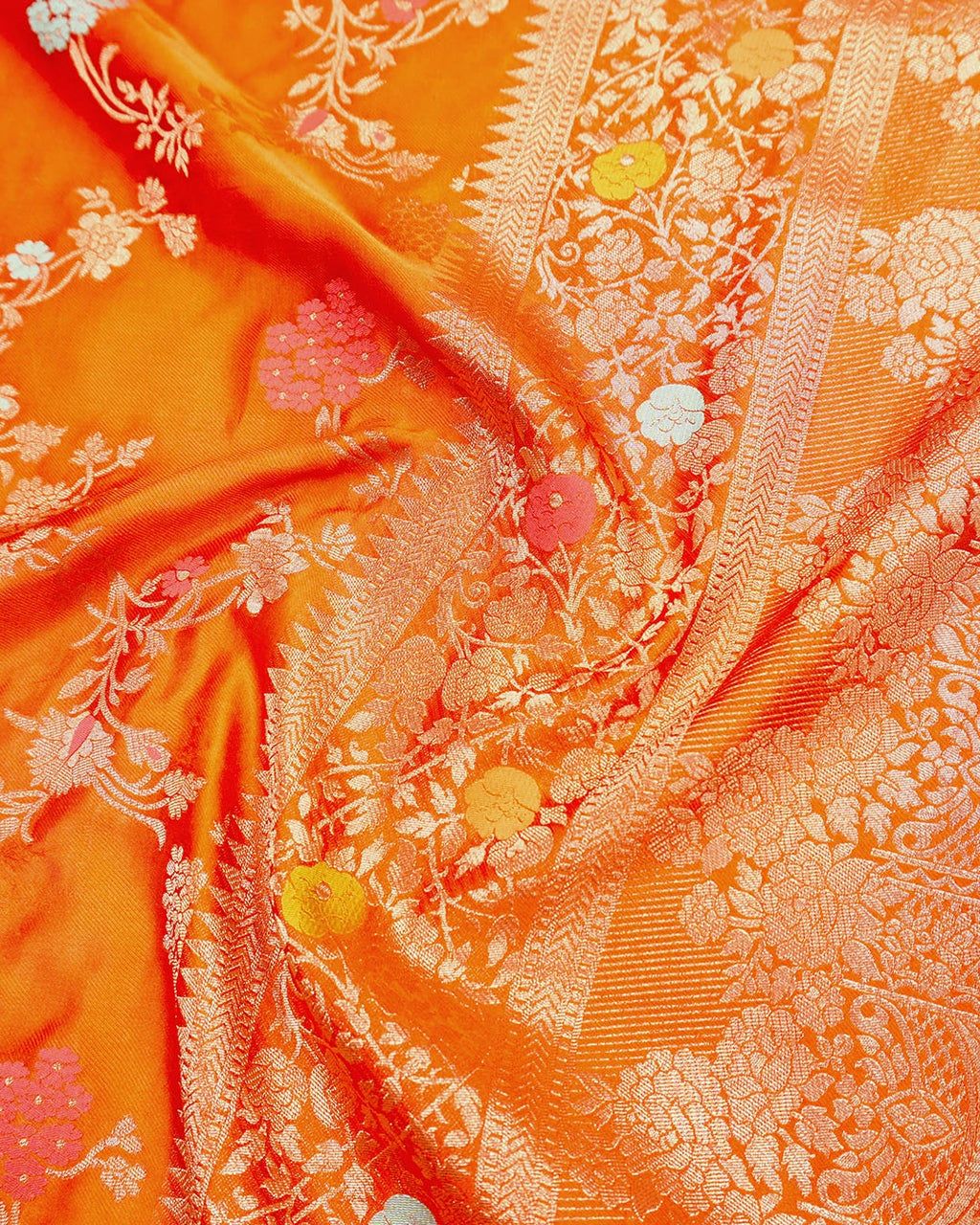 Orange Banarasi Silk Saree with Multicolor Floral Jaal and Buta