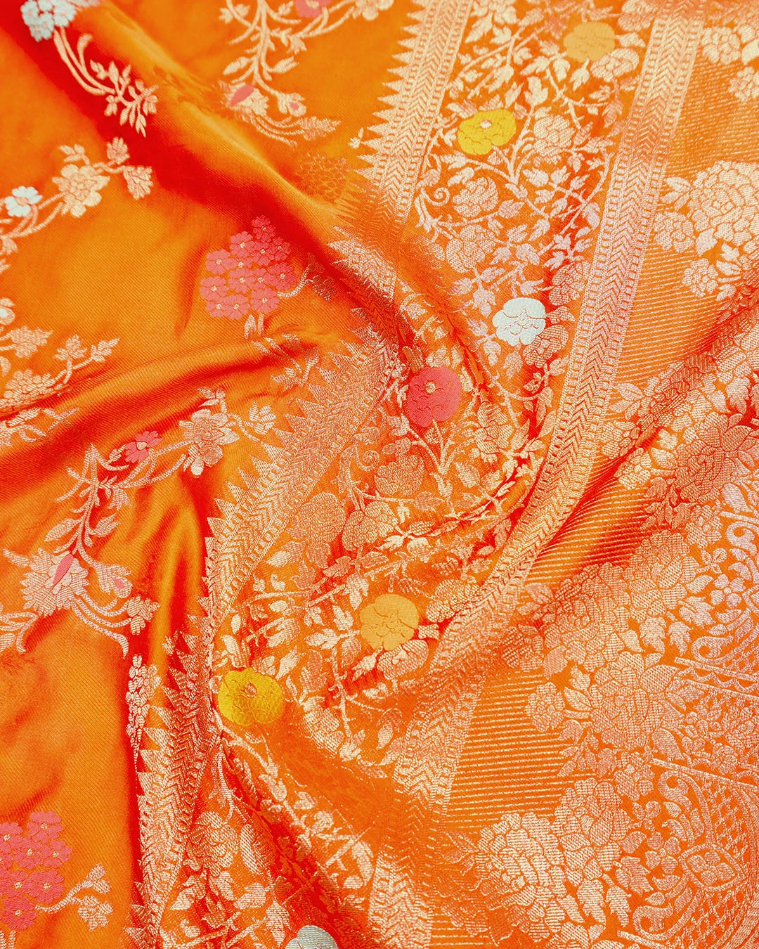 Orange Banarasi Silk Saree with Multicolor Floral Jaal and Buta