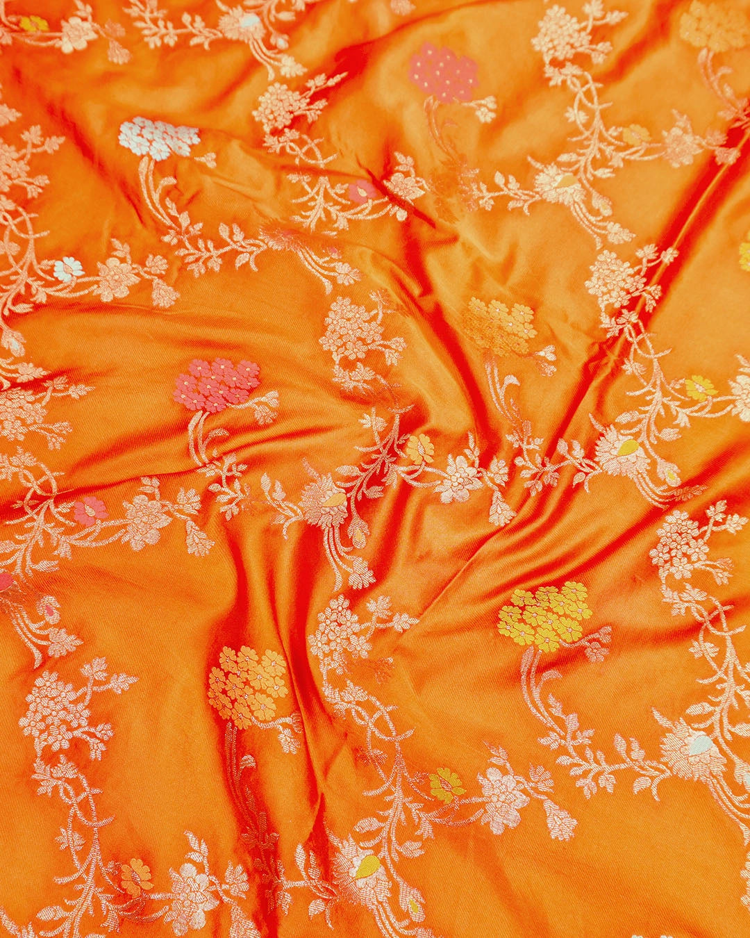 Orange Banarasi Silk Saree with Multicolor Floral Jaal and Buta