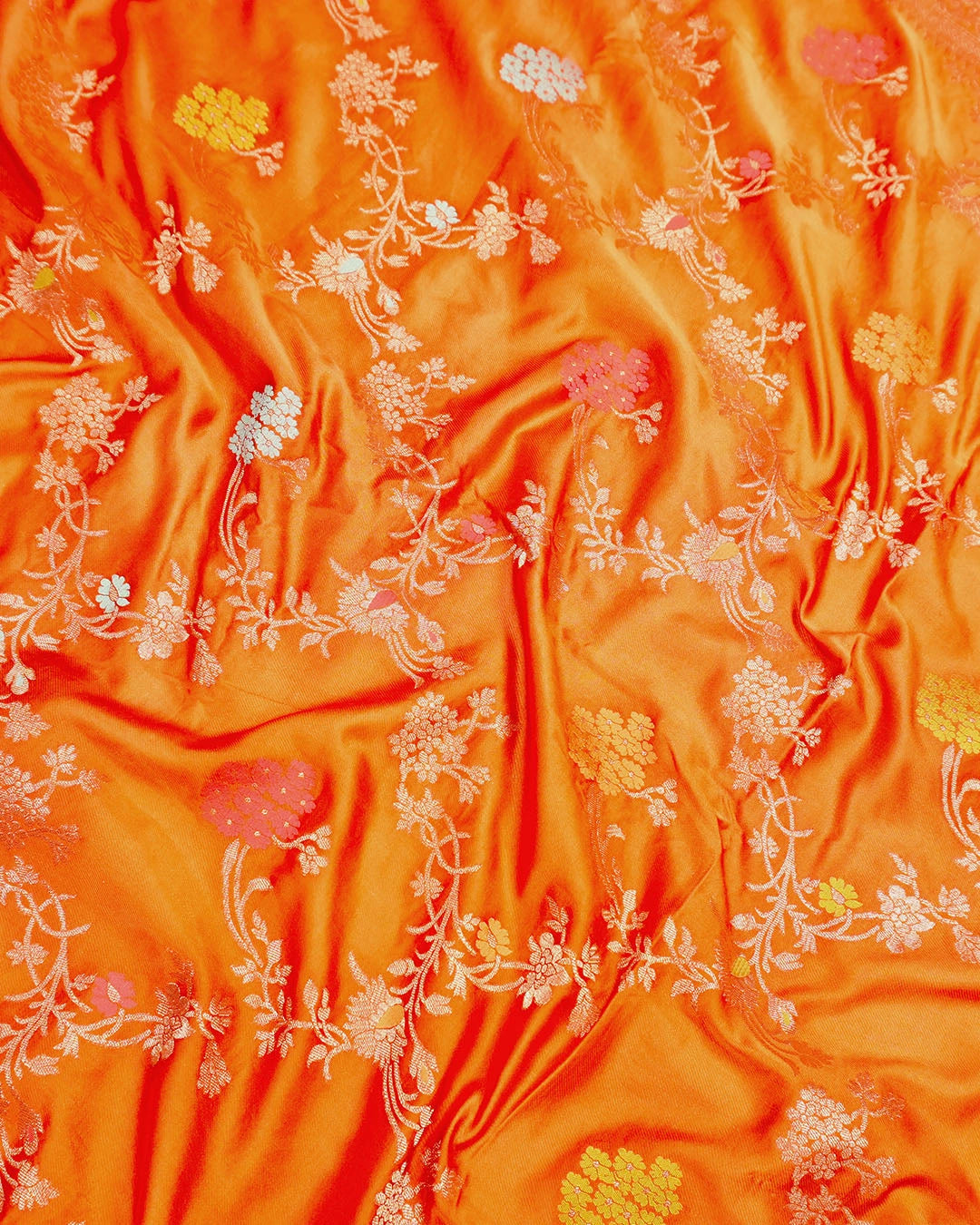Orange Banarasi Silk Saree with Multicolor Floral Jaal and Buta