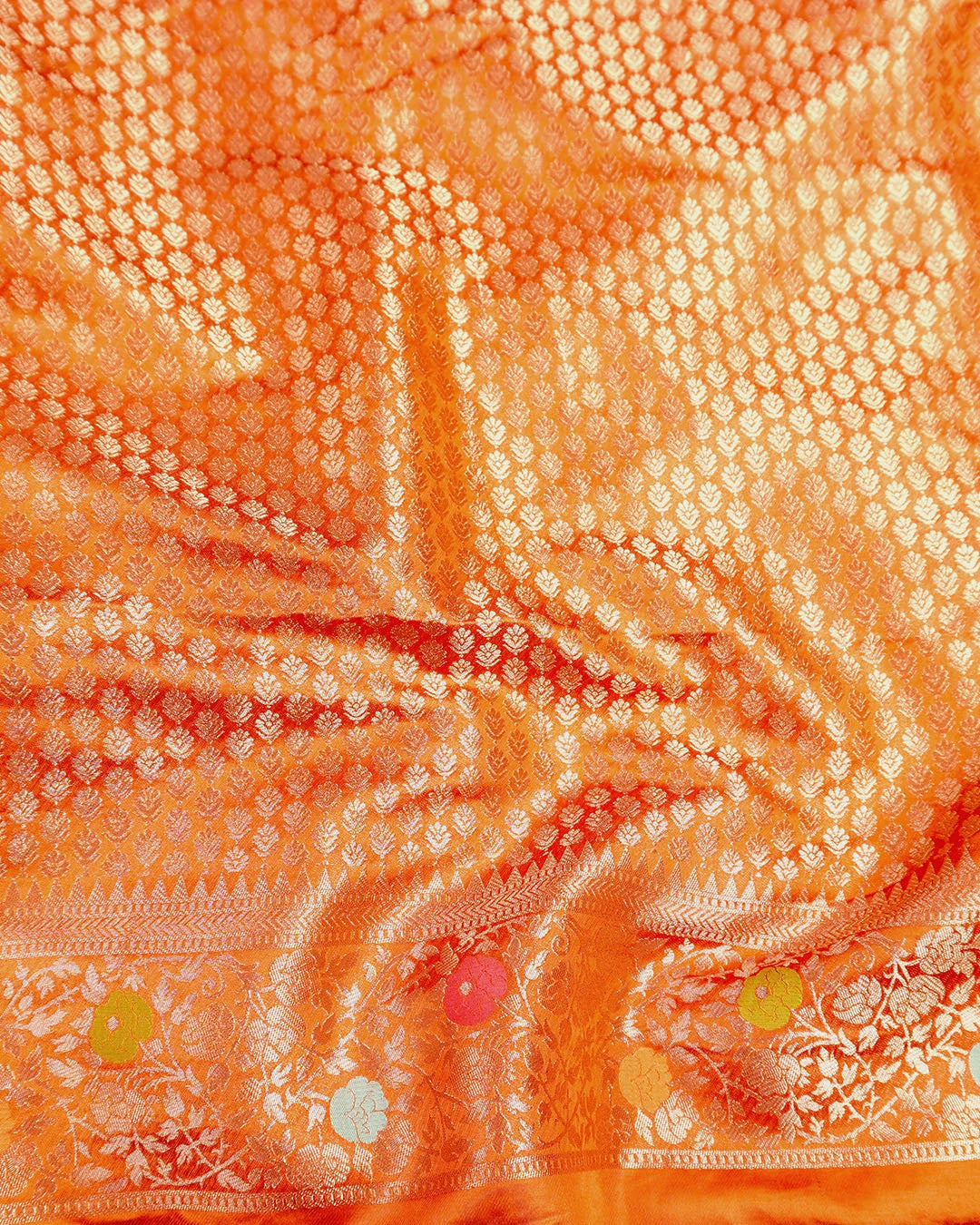 Orange Banarasi Silk Saree with Multicolor Floral Jaal and Buta