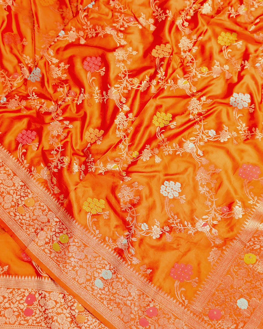 Orange Banarasi Silk Saree with Multicolor Floral Jaal and Buta