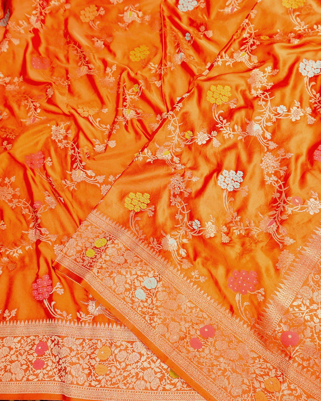 Orange Banarasi Silk Saree with Multicolor Floral Jaal and Buta