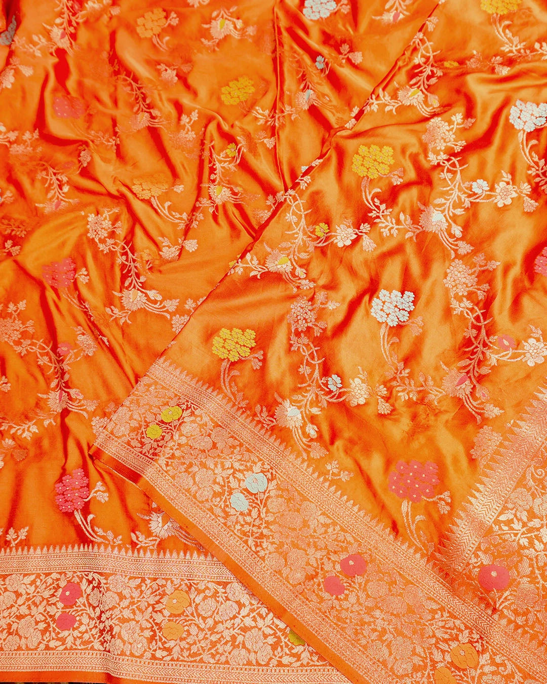 Orange Banarasi Silk Saree with Multicolor Floral Jaal and Buta
