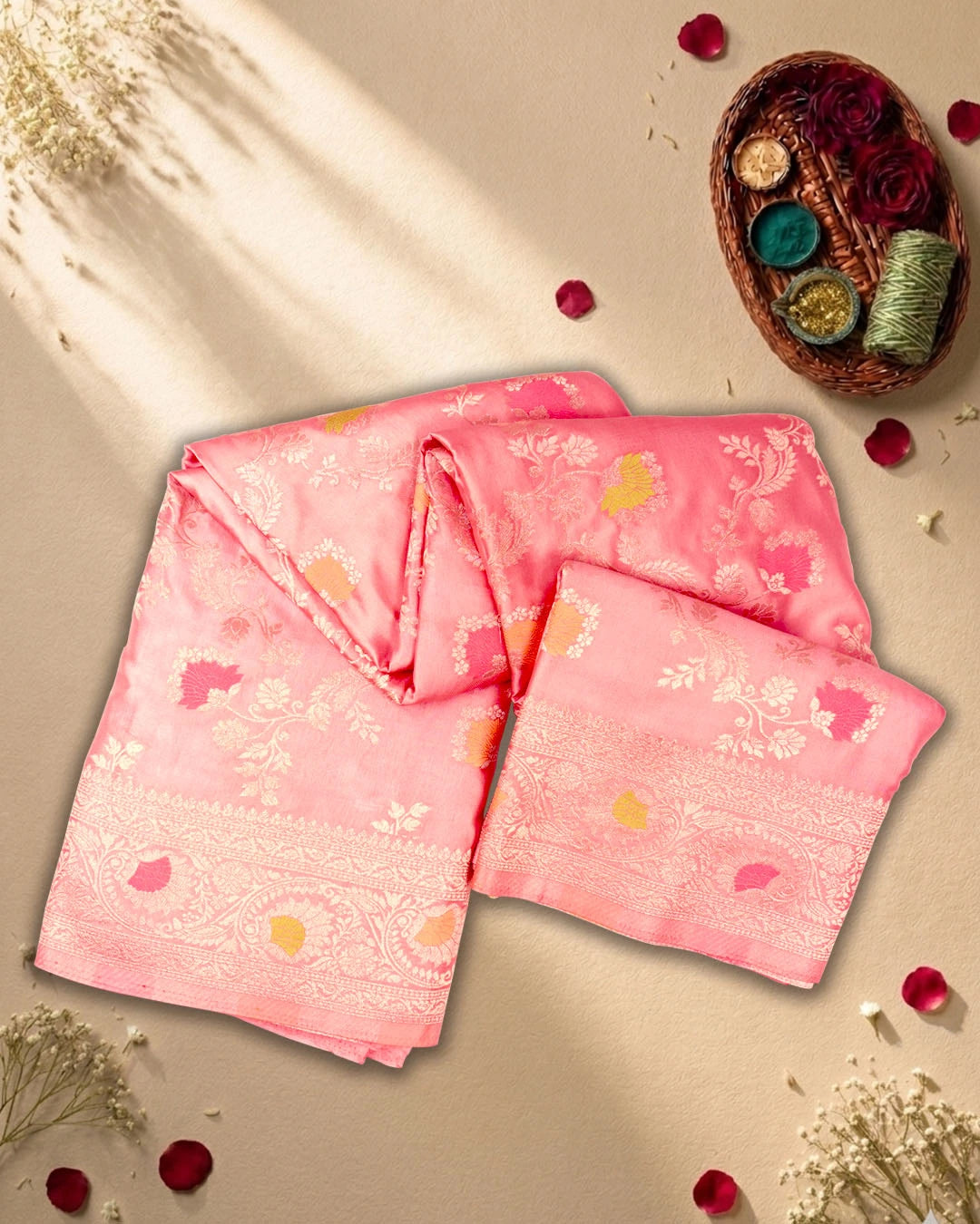 Pastel Pink Banarasi Silk Saree with Meenakari Floral Zari Jaal