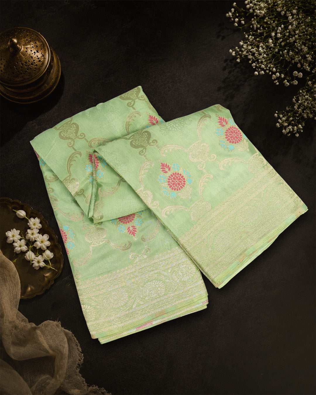 Pistachio Green Banarasi Silk Saree with Floral Meenakari Motif Weaves
