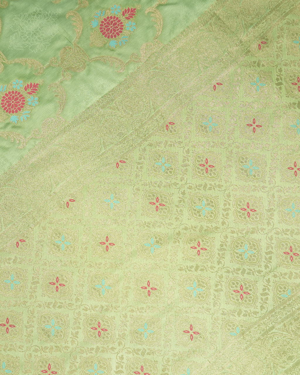 Pistachio Green Banarasi Silk Saree with Floral Meenakari Motif Weaves