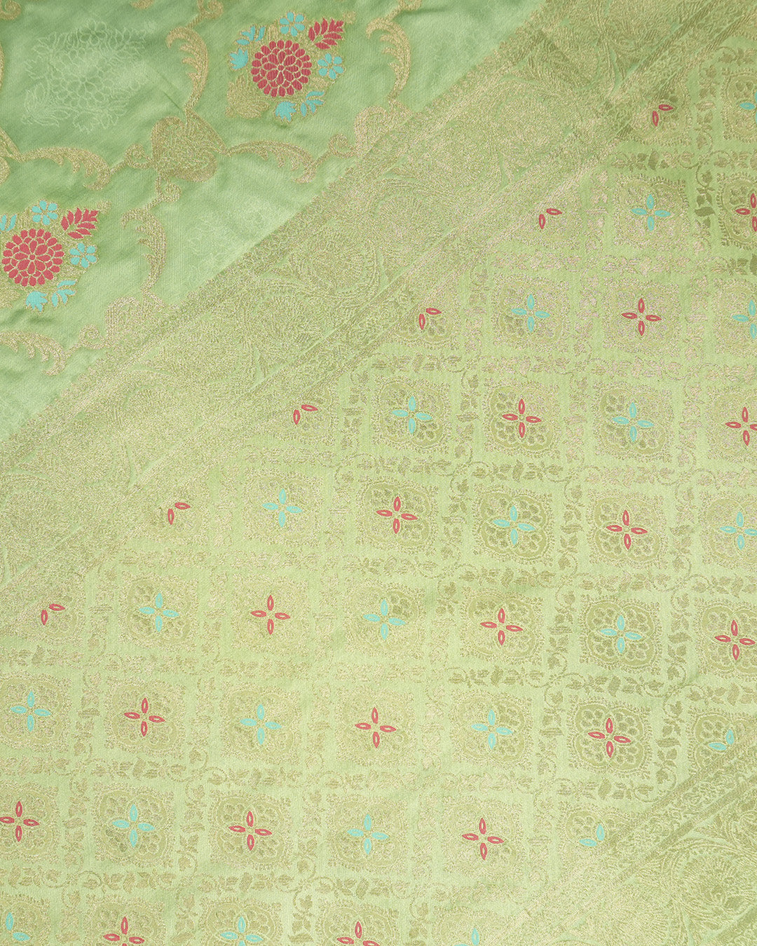 Pistachio Green Banarasi Silk Saree with Floral Meenakari Motif Weaves