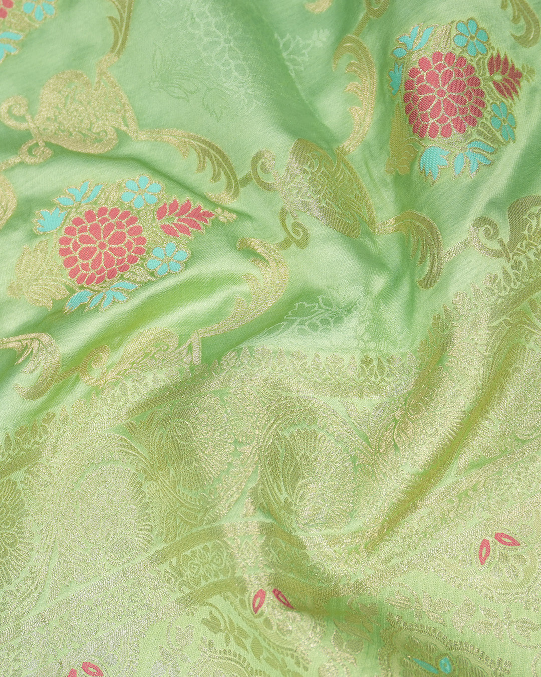 Pistachio Green Banarasi Silk Saree with Floral Meenakari Motif Weaves