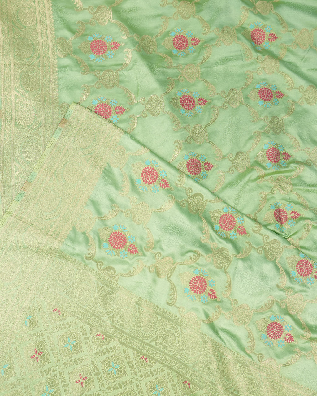 Pistachio Green Banarasi Silk Saree with Floral Meenakari Motif Weaves