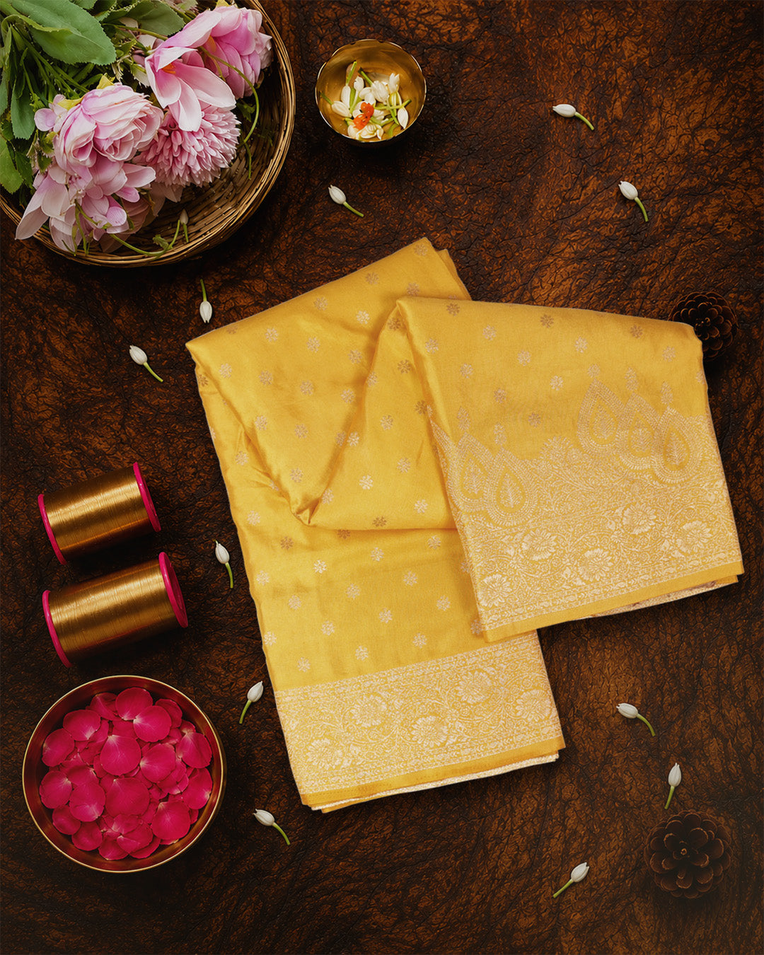Yellow Banarasi Silk Saree with Small Floral Zari Butis