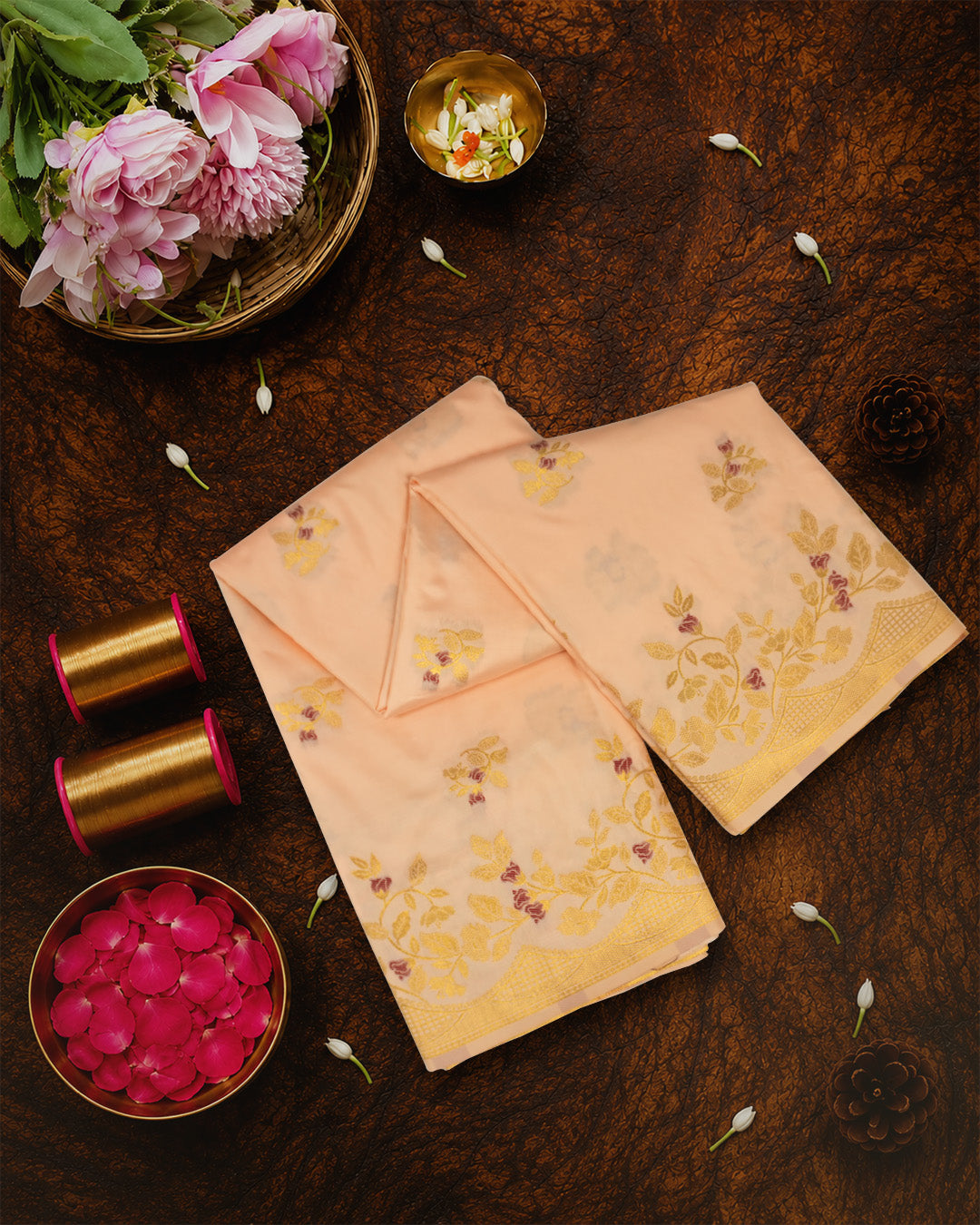 Peach Banarasi Silk Saree with Floral Meenakari Jaal Weaves