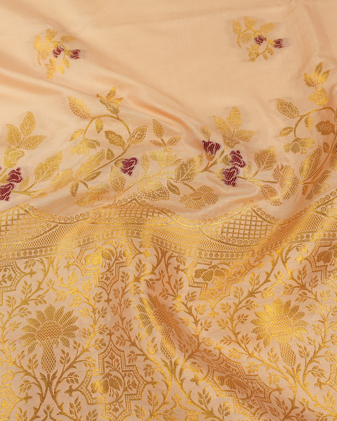 Peach Banarasi Silk Saree with Floral Meenakari Jaal Weaves