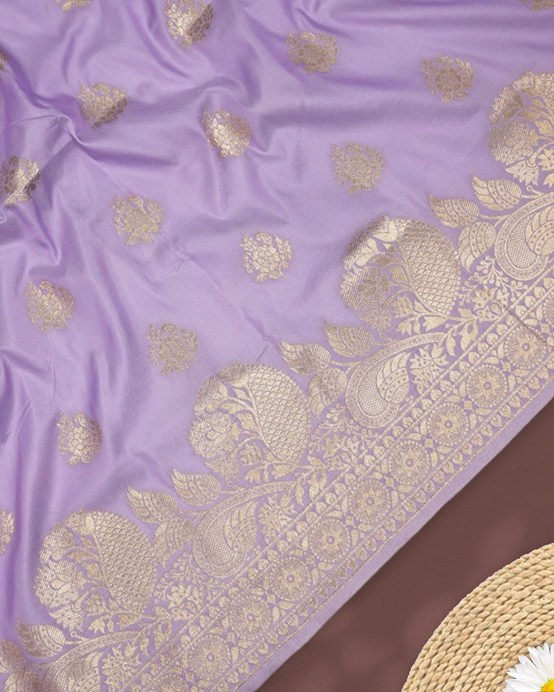 Lavender Banarasi Silk Saree with Floral Weaving and Rich Border