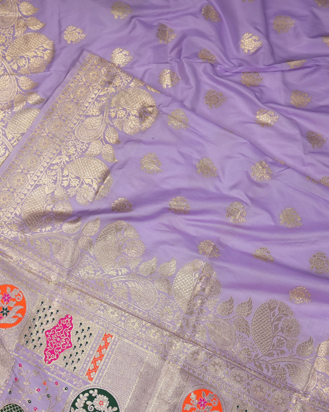 Lavender Banarasi Silk Saree with Floral Weaving and Rich Border