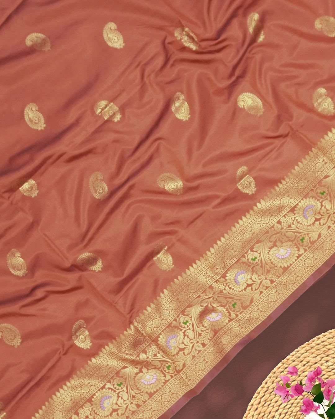 Rust Banarasi Silk Saree with Paisley Butta Weaving and Rich Meenakari Border