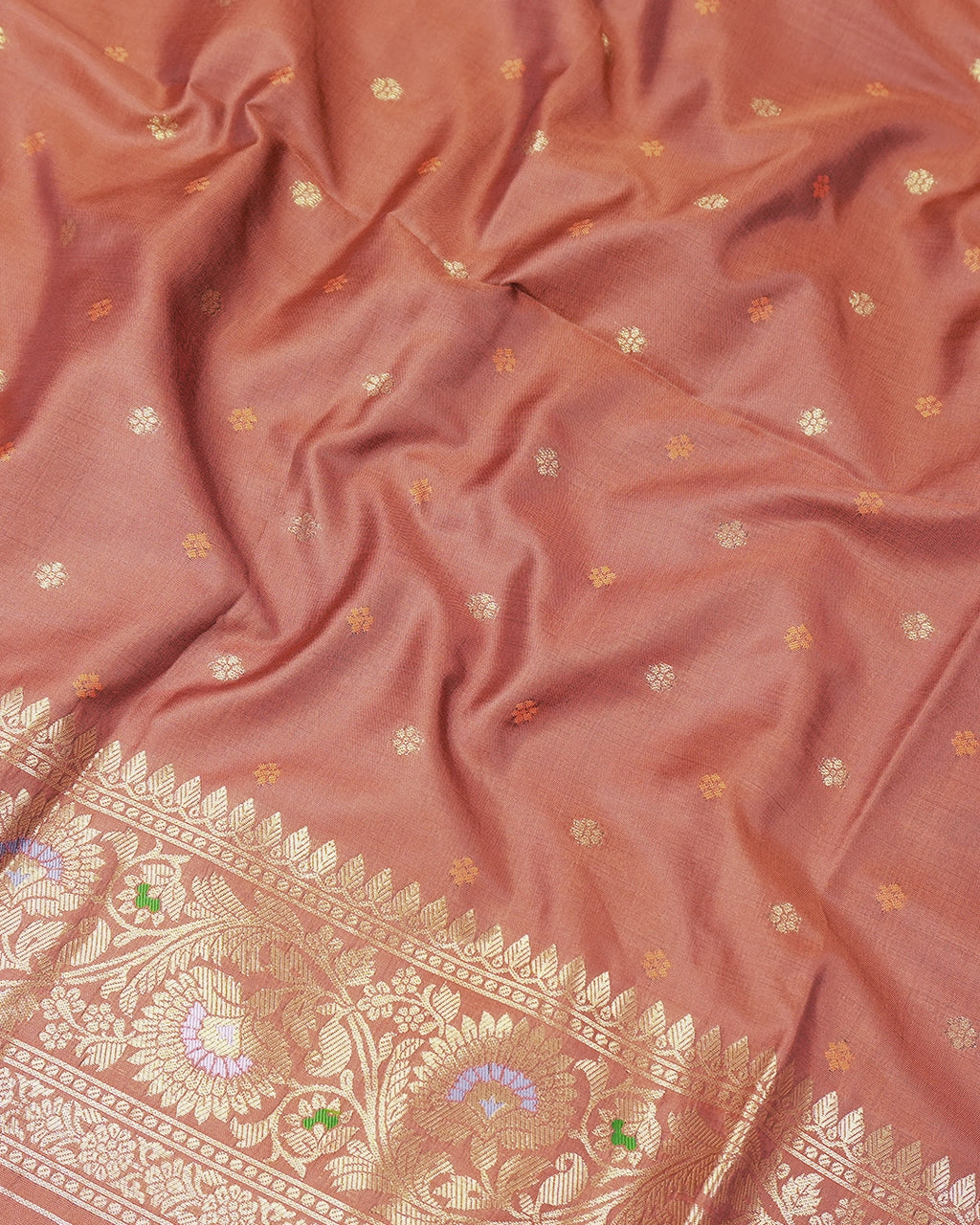 Rust Banarasi Silk Saree with Paisley Butta Weaving and Rich Meenakari Border