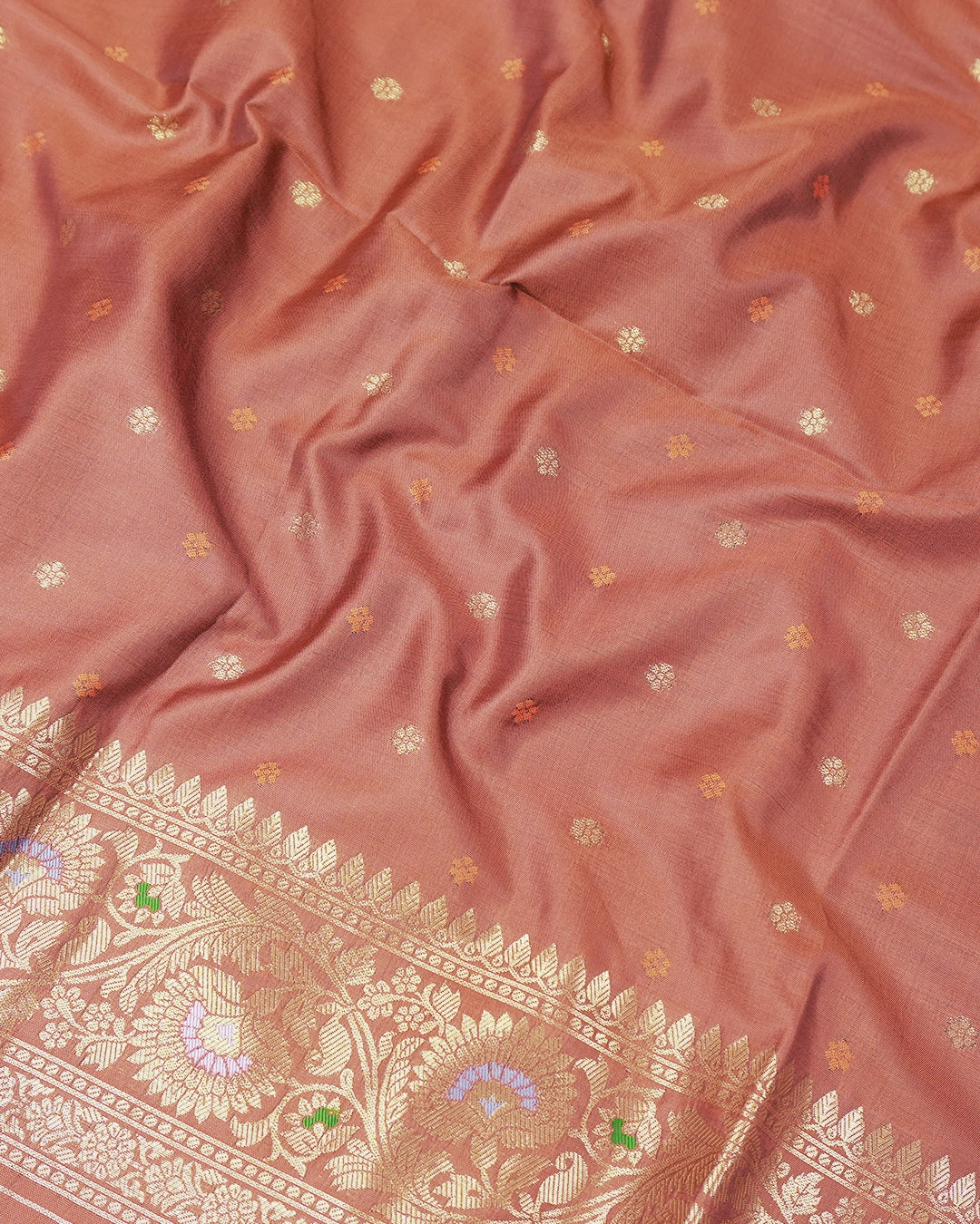 Rust Banarasi Silk Saree with Paisley Butta Weaving and Rich Meenakari Border