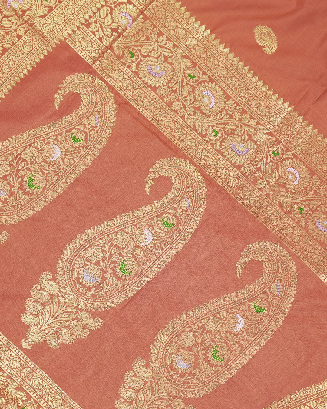 Rust Banarasi Silk Saree with Paisley Butta Weaving and Rich Meenakari Border