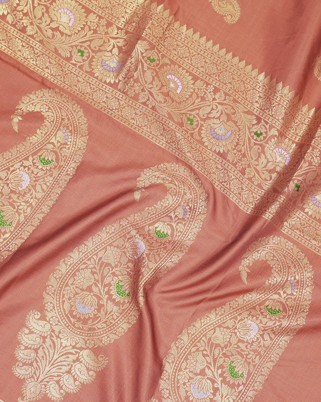 Rust Banarasi Silk Saree with Paisley Butta Weaving and Rich Meenakari Border