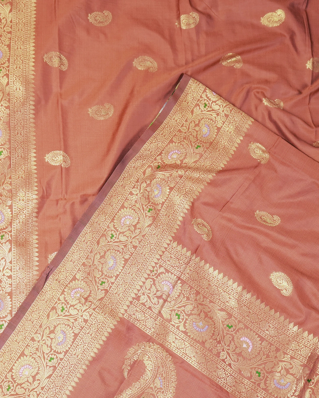 Rust Banarasi Silk Saree with Paisley Butta Weaving and Rich Meenakari Border