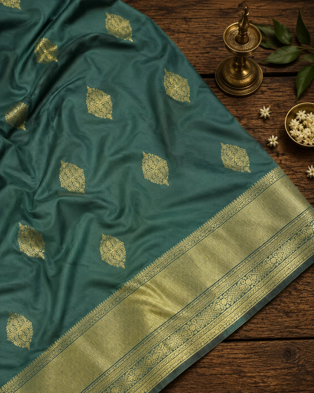 Green Banarasi Saree with Medallion Motif Weaves